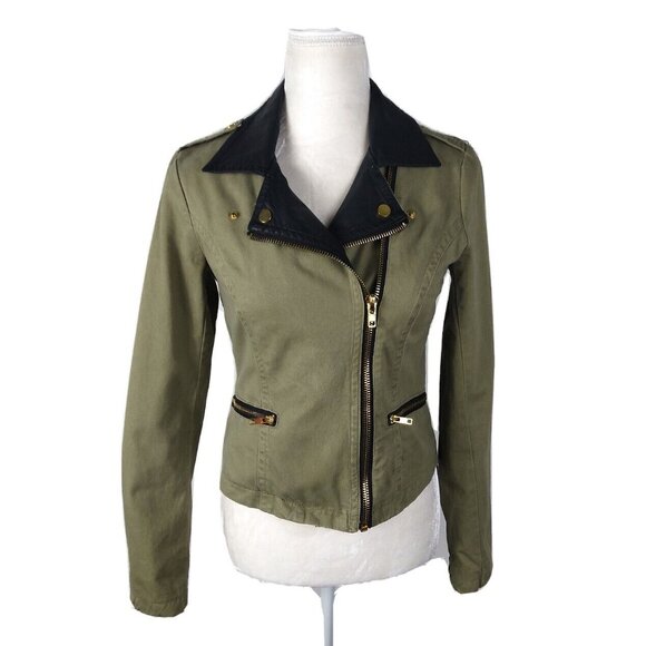 Forever 21 Faux Leather Moto Jacket Olive Green and Black Size Small - Picture 1 of 3